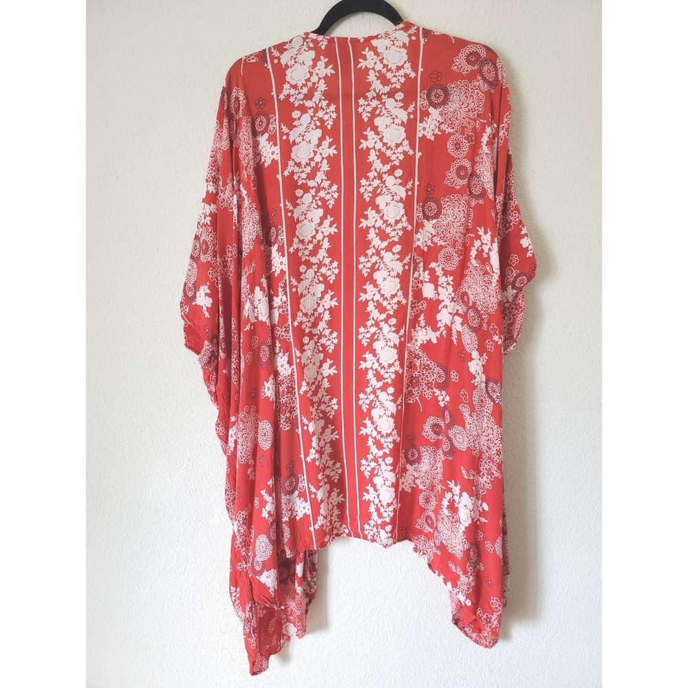 Angie Womens Red Floral Kimono Open Front Oversized Boho Rayon Large Cover-Up - Picture 5 of 8